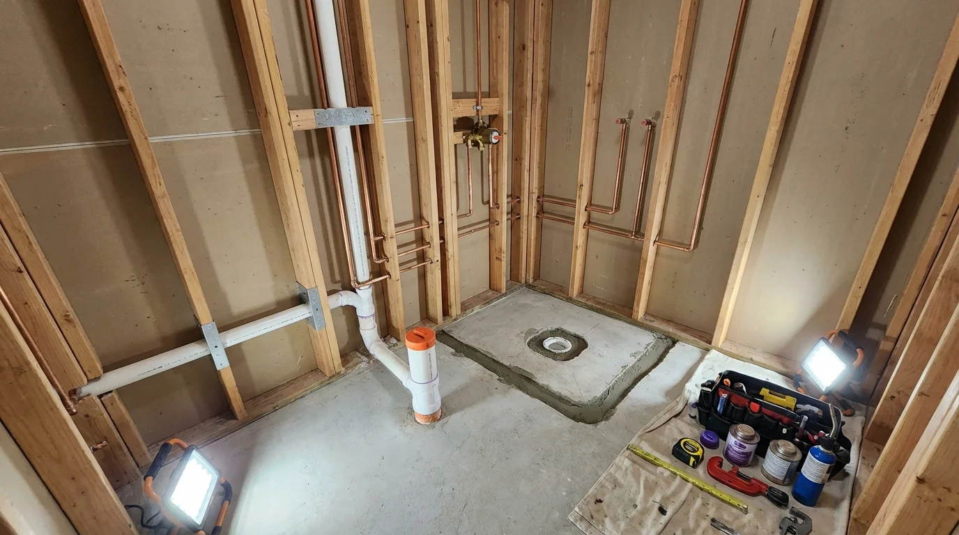 Bathroom rough-in plumbing during remodel by Johns Plumbing LLC in South Windham