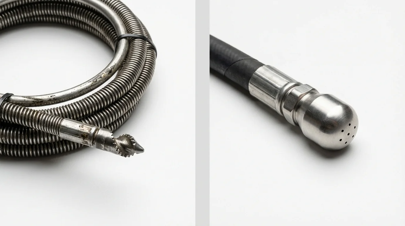 Drain snake cable and hydro jetting nozzle used for drain cleaning in South Windham, CT