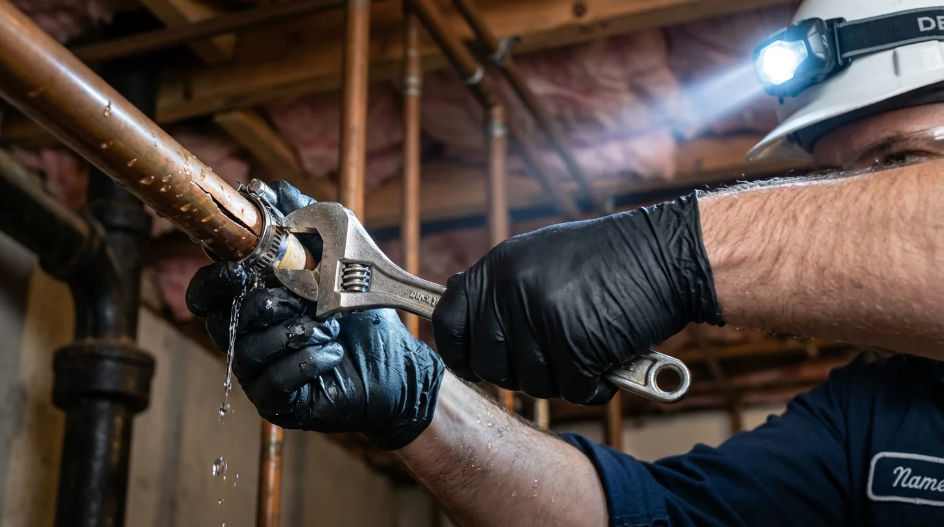 Emergency pipe clamp repair being performed by a Johns Plumbing LLC plumber in South Windham
