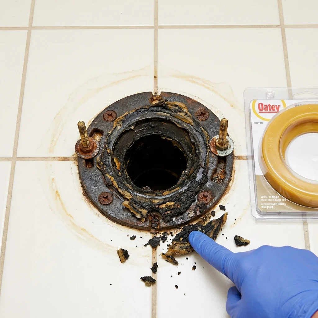 Failed wax ring showing water seepage at the base of a toilet in a South Windham, CT home