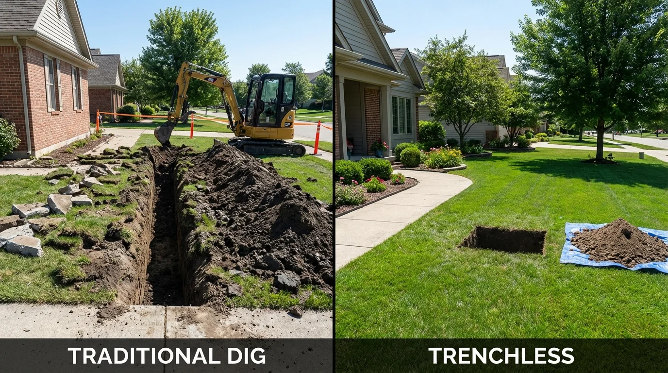 Trenchless sewer repair with minimal yard damage versus traditional excavation in South Windham, CT